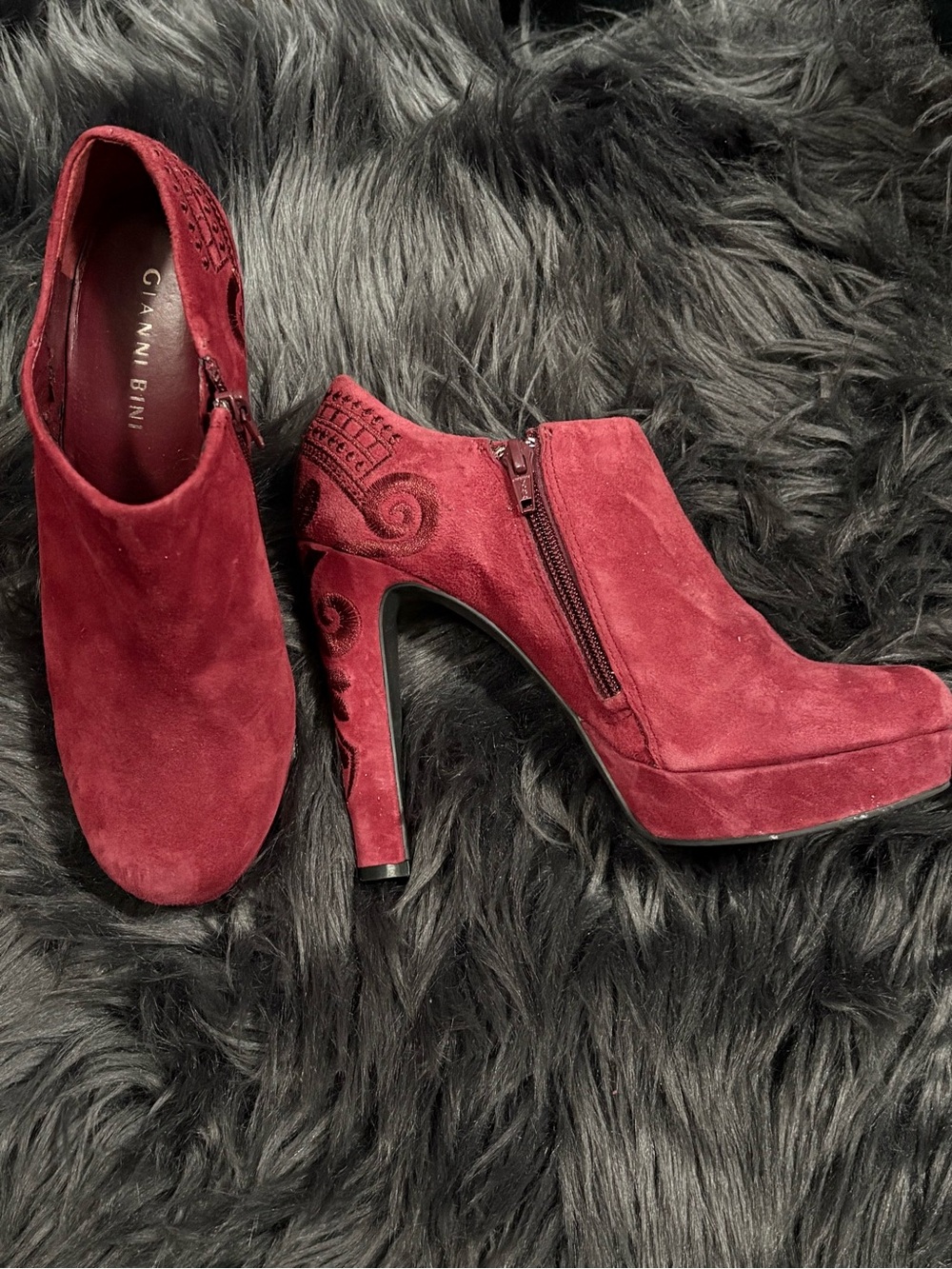 Gianni Bini Burgundy Suede Embroidered Platform Ankle Boots